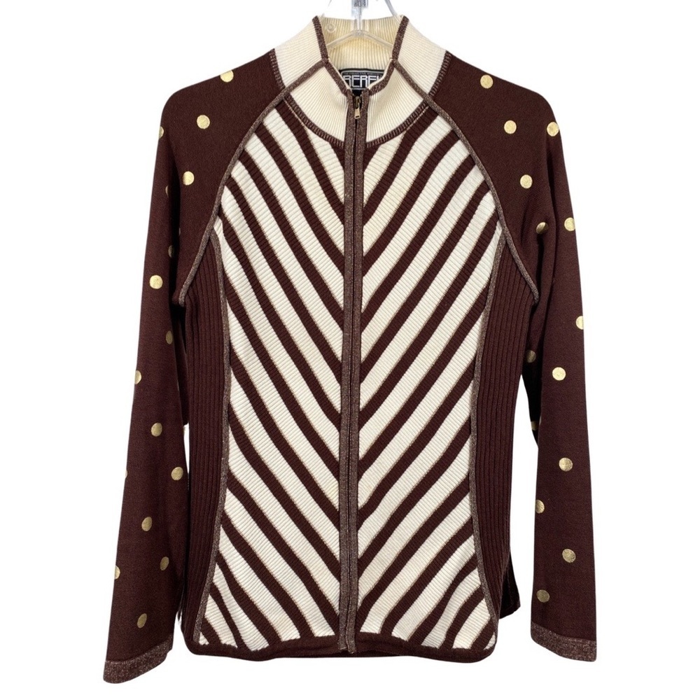 Berek 2 Metallic Gold Brown Cream Full Zip Ribbed Sweater Size Medium